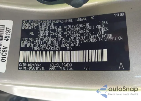 2010 Toyota Sienna Le из США, поврежденный, VIN 5TDKK4CC2AS334626